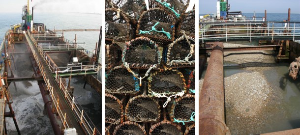 Image banner of marine dredging vessel, copyright Tracy Edwards/JNCC; lobster creels copyright Wendy Dalton/JNCC, and marine aggregate dredging vessel, copyright Tracy Edwards/JNCC