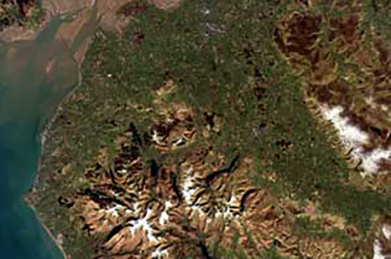 An Earth observation image of Cumbria, taken in March 2016, showing the coast and sea, vegetation, and areas of high and low relief. Contains modified Copernicus Sentinel-2 data 2016.