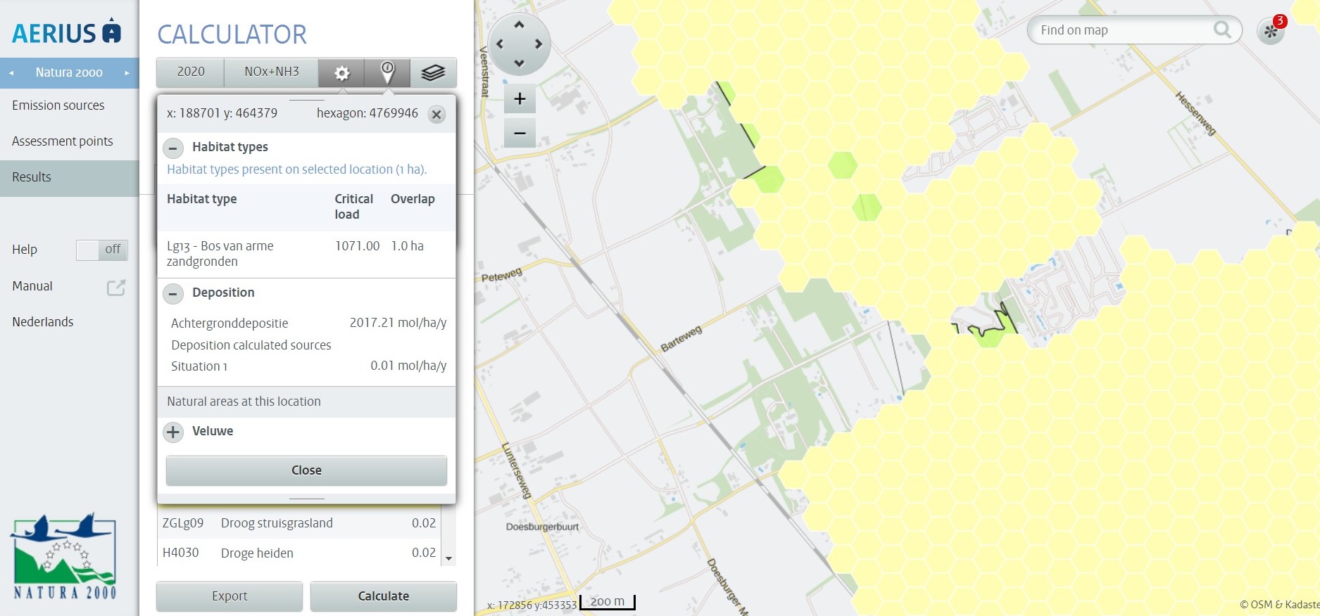 Screenshot of the AERIUS Calculator application being used.