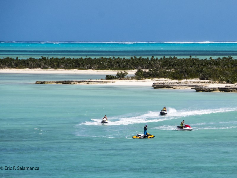 Four jet skis driving in coastal waters with low lying land and vegetation in the background (Copyright: Eric F. Salamanca)