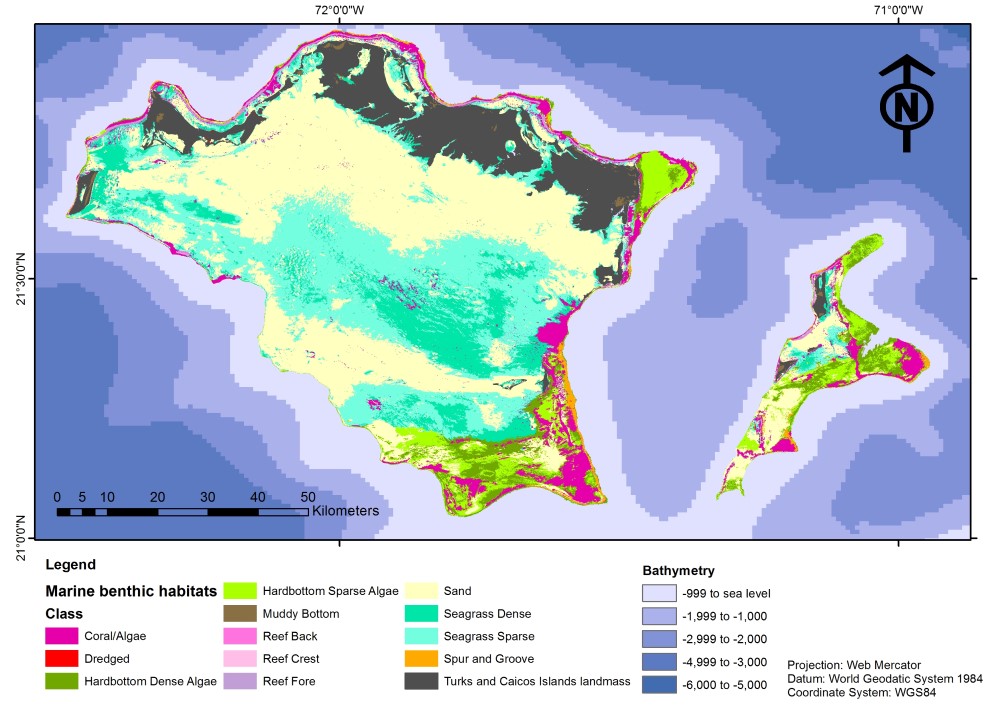 A map showing the location of twelve seabed habitat types of the shallow coastal-marine environment around the Turks and Caicos Islands.