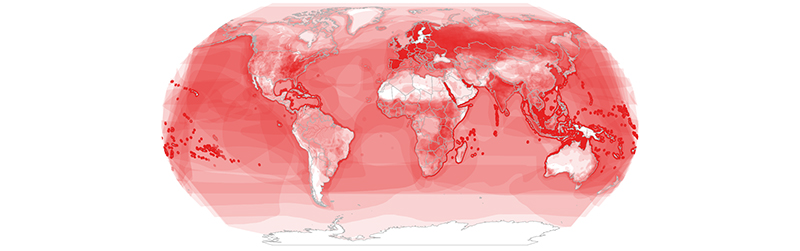 Example of a heatmap from the Global Analysis showing a world map with depth of colour signalling where multiple species are impacted by pollution.