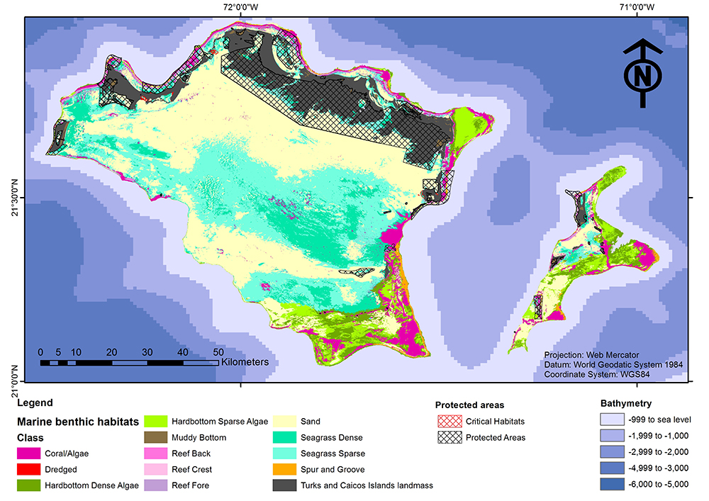 A map showing the location of different seabed habitat types of the shallow coastal-marine environment around the Turks and Caicos Islands and the location of key marine protected areas. 