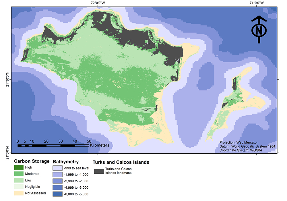 A map showing the relative carbon storage potential of shallow marine-coastal habitats of the Turks and Caicos Islands, including high, moderate, low, negligible, potential and potential not assessed.