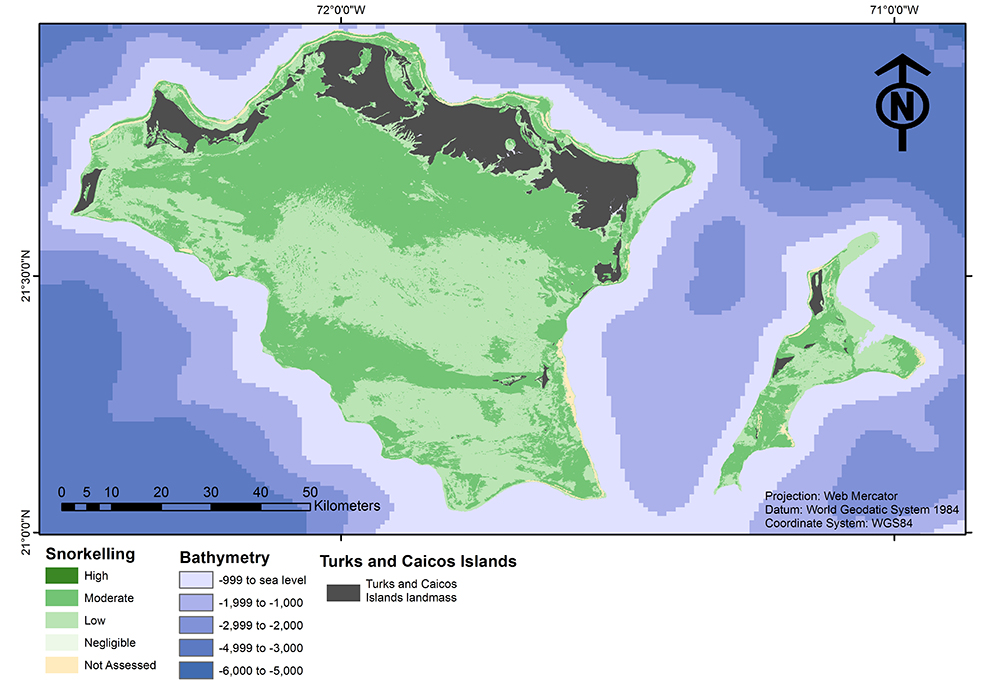 A map showing the relative snorkelling activity potential of shallow marine-coastal marine habitats of the Turks and Caicos Islands, including high, moderate, low, negligible, potential and potential not assessed.