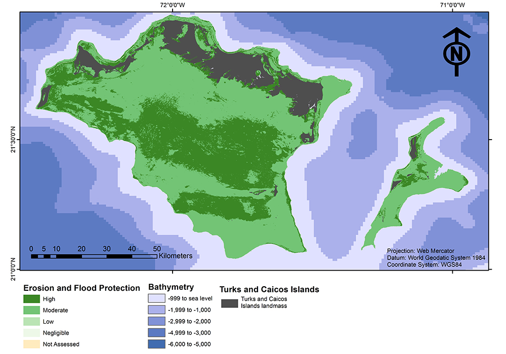 A map showing the relative erosion and flood protection potential of shallow coastal-marine habitats of the Turks and Caicos Islands, including high, moderate, low, negligible, potential and potential not assessed.