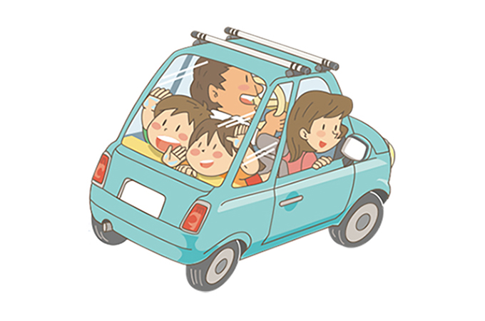 Cartoon illustration of a car with a smiling family inside.