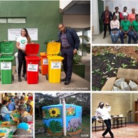 Collage of six photos showing bins to seperate waste, a group of people, children at a workshop, wastewater facilities and a performance