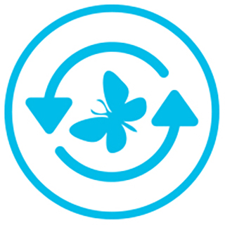 Icon for the 'Advise of policy to progress nature recovery' strategic priority of a blue butterfly inside a circle of two blue arrows.