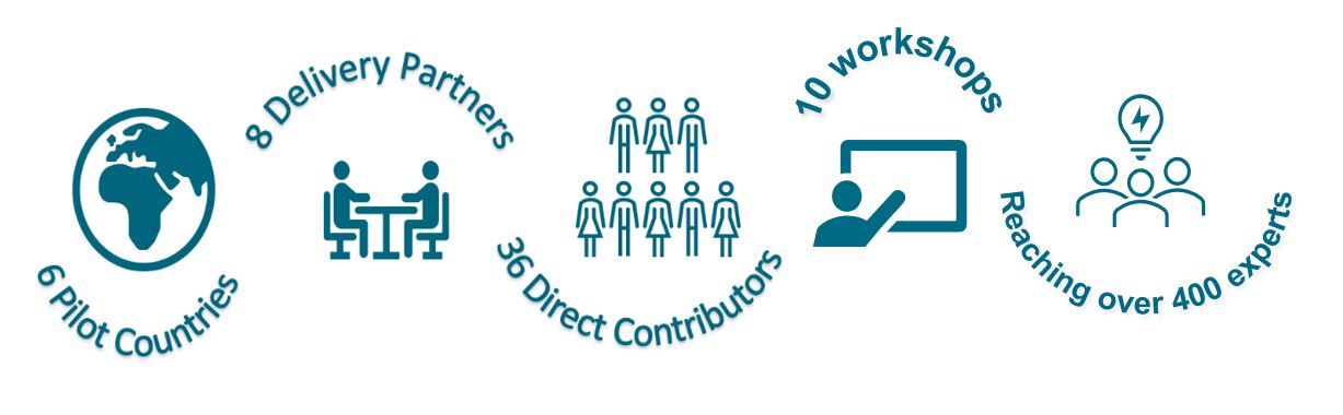 Infographic showing the achievements of the Reducing Pollution Through Partnership project: 6 pilot countries, 8 delivery partners, 36 direct contributors, 10 workshops, reaching over 400 experts