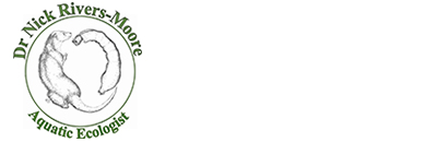 Logo reading Dr Nick Rivers-Moore, Aquatic Ecologist, with beaver and blackfly larva in centre