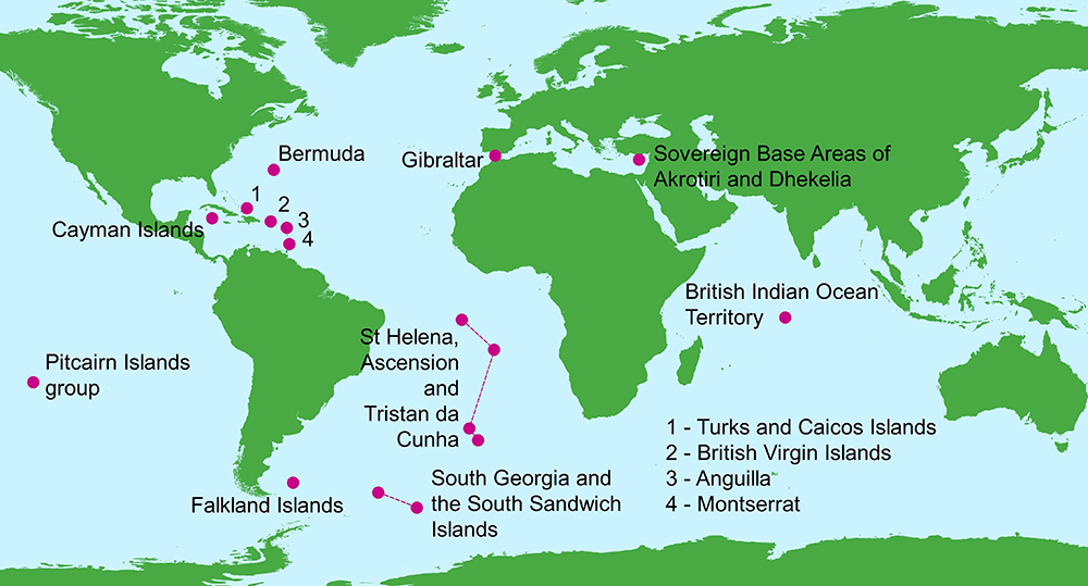 Schematic map of the world showing the locations of the UK Overseas Territories