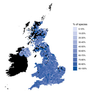 Map showing the percentage of bat species from each 10km square