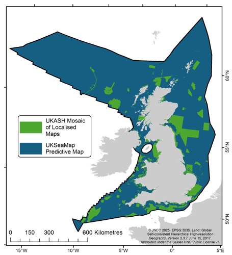 Map of UK EEZ showing areas of mosaic localised areas and UKSeaMap which is combined to creates the UK Combined map