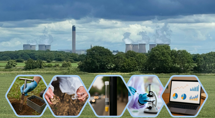 Power station with images in hexagons of lab equipment, soil sampling, laptop with graphs displayed and air pollution diffusion tube