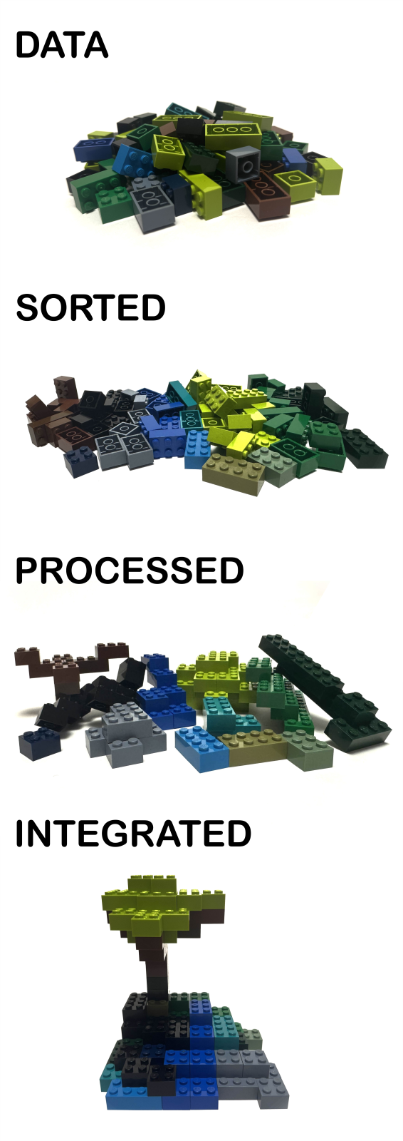 Series of images of Lego brick which represent the process of data integration: image 1 is a random pile of Lego bricks of different colours (representing raw gathered data); image 2 is a pile of Lego bricks sorted into colours; image 3 shows the pieces processed into small shapes of each colour; and image 4 is a Lego model representing the completed integration.