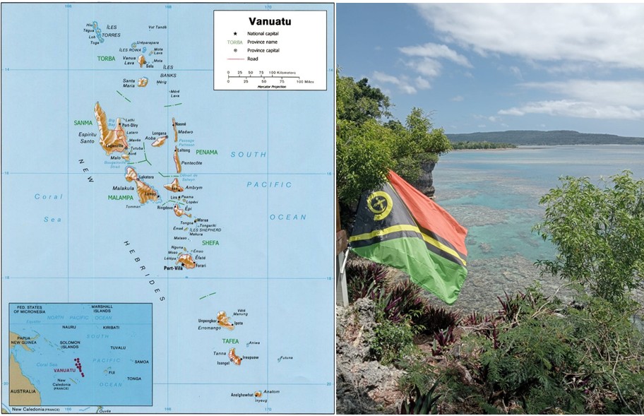 2 images side by side, left image shows map of Vanuatu, right image shows photo of the flag of Vanuatu with coral reef in background